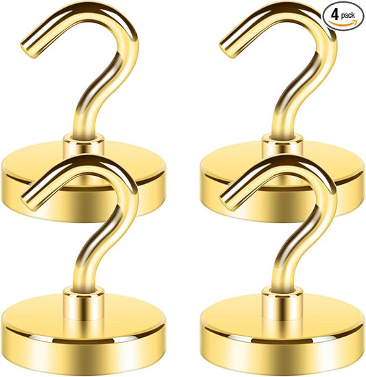Neosmuk Magnetic Hooks Heavy Duty, Strong Magnet with Hook for Fridge, Super Neodymium Extra Strength Industrial Hooks for Hanging, Magnetic Hanger for Toolbox, Cruise, Grill(Golden,4 Pack)