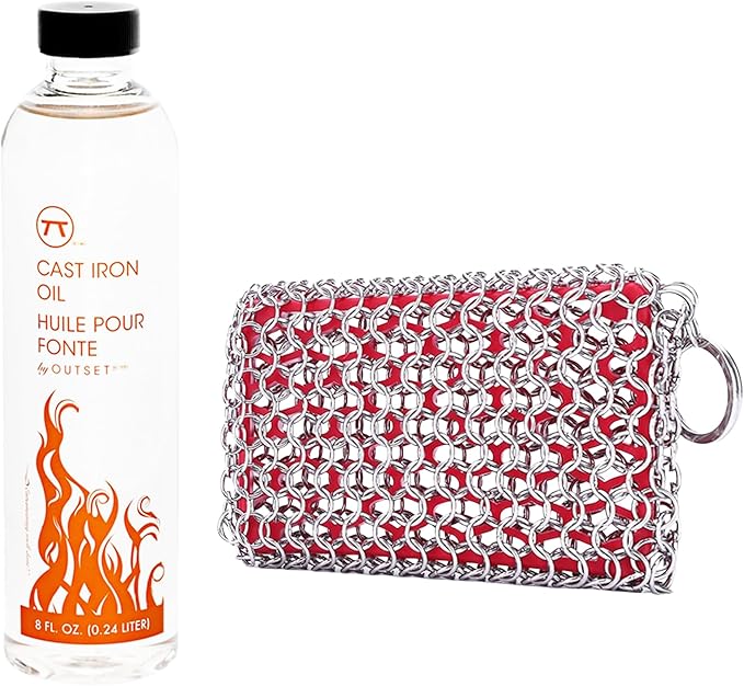 Cast Iron Cleaning Set with Chain Scrubber and Cast Iron Seasoning Oil