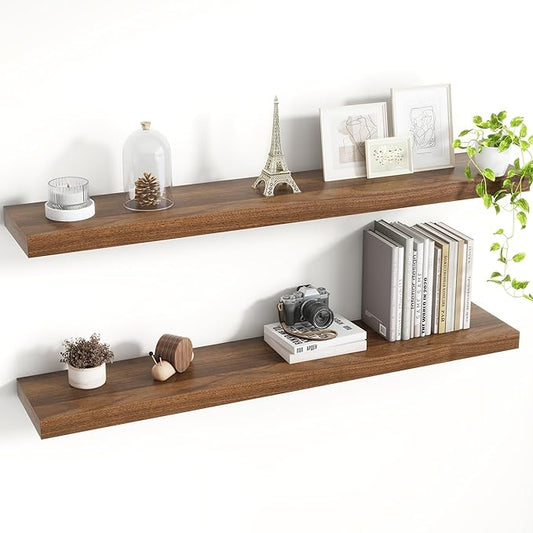 40 Inch Floating Shelves, 8 Inch Deep Floating Shelves for Wall, Hanging Shelf with Invisible Brackets, Deep Shelves for Bathroom, Bedroom, Living Room, Walnut, Set of 2