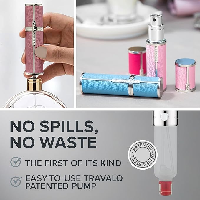 Milano Perfume Atomizer - Leak-Proof and TSA Approved for Air Travel - Reusable, Airtight, Easy Fill Mini Pump Sprayer - Lightweight Vegan Leather w/Polished Metal Outer Shell - Perfect Pink