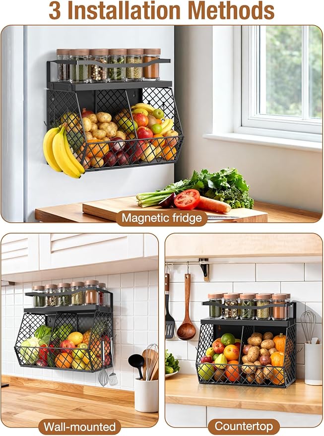 3-in-1 Magnetic Fruit & Vegetable Basket with Spice Rack Shelf for Fridge - Wall Mount Countertop Kitchen Wire Storage Organizer for Produce Potato Onion, Kitchen Essentials and Decor, Black