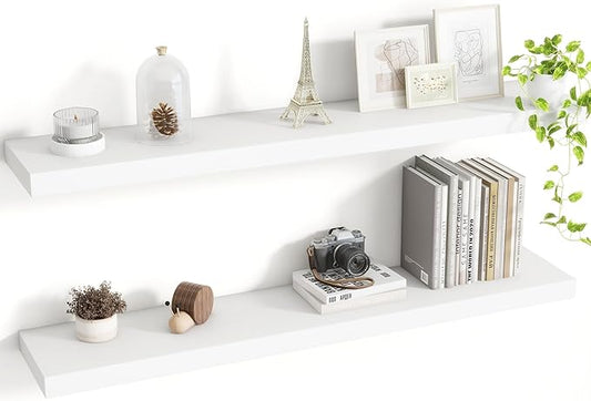 40 Inch Floating Shelves, 8 Inch Deep Floating Shelves for Wall, Hanging Shelf with Invisible Brackets, Deep Shelves for Bathroom, Bedroom, Living Room, White, Set of 2