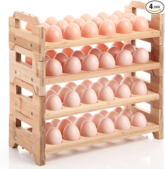 4 Tier Wooden Egg Holder for Countertop, Bamboo Stackable Fresh Eggs Storage Farmhouse Collecting Rack for Gathering Kitchen Organizer or Easter Egg Display, Stackable with 72 Eggs(Wood)