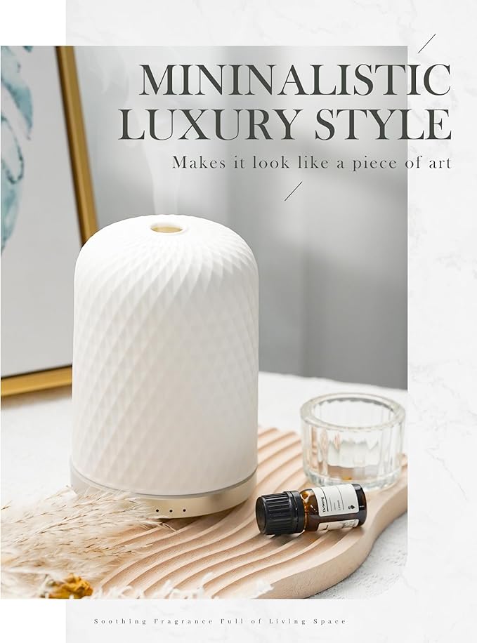 Essential Oil Diffuser - 2.4MHz Ultrasonic Ceramic Diffuser for Home, 110ml, 1/2/3H Mist Timer, Silent (≤25dB), Waterless Auto-Off, Aromatherapy Diffuser with USB Cable