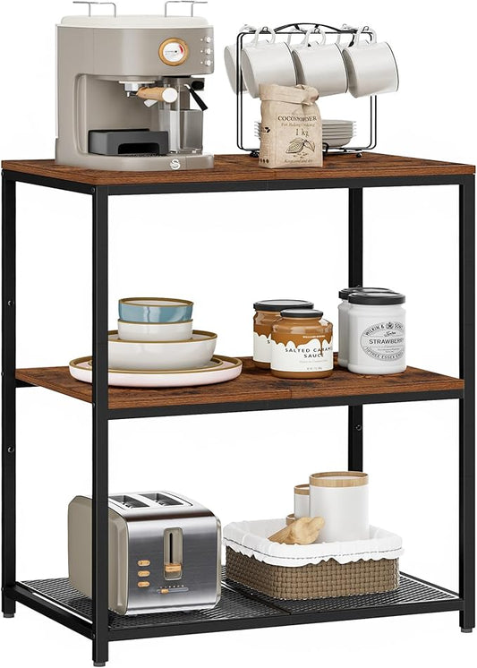 Kitchen Island with 3 Shelves, Kitchen Shelf with Large Workstation, Bakers Rack, Workbench, Metal Frame, Rustic Brown and Black