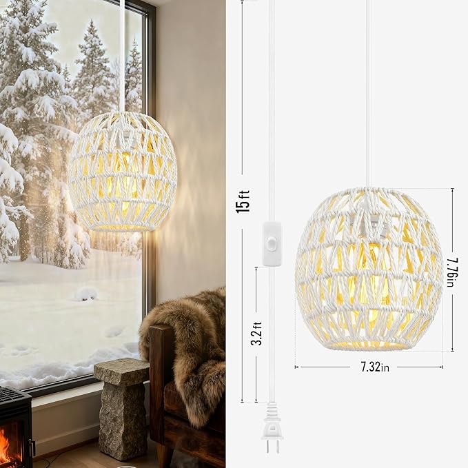 SLYYMY Plug in Pendant Light, 15FT Hemp Rope Cord, Hanging Lamps Rattan Pendant Light, On/Off Switch Hanging Lights for Bedroom Living Kitchen White