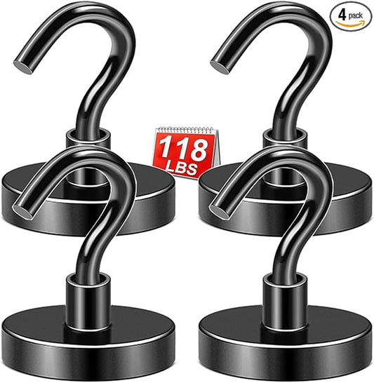DIYMAG Black Magnetic Hooks, 120 LB Heavy Duty Strong Magnets with Hook, Rare Earth Neodymium Magnet Magnetics for Cabins Cruise Ship Essentials 4 Packs