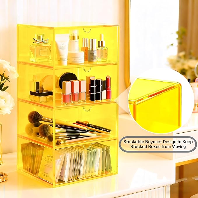 Acrylic Desk Organizer with Drawers Stackable Makeup Organizer for Vanity Office Countertop Cosmetic Display Cases Makeup Storage Box, Neon Yellow