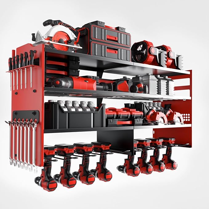 oviitech Power Tool Organizer Wall Mount, 8 Drill Holder Wall Mount Loads 400lbs, 4 Layer Heavy Duty Metal Power Tool Storage, Red, Utility Rack for Garage Workshop, Gifts for Men