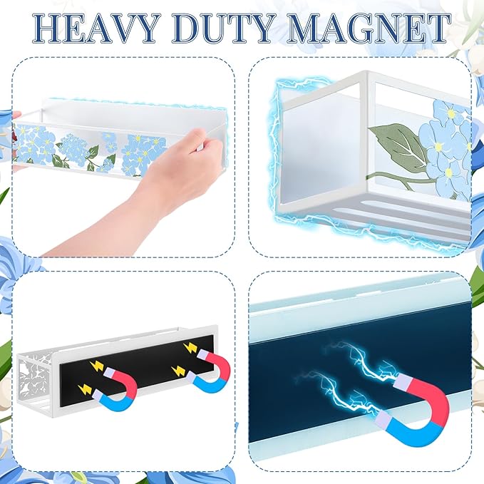 2 Pack Hydrangea Magnetic Spice Rack for Refrigerator Metal Magnet Basket Shelf for Fridge Seasoning Storage Organizers Home Decor Kitchen Accessories (Blue)