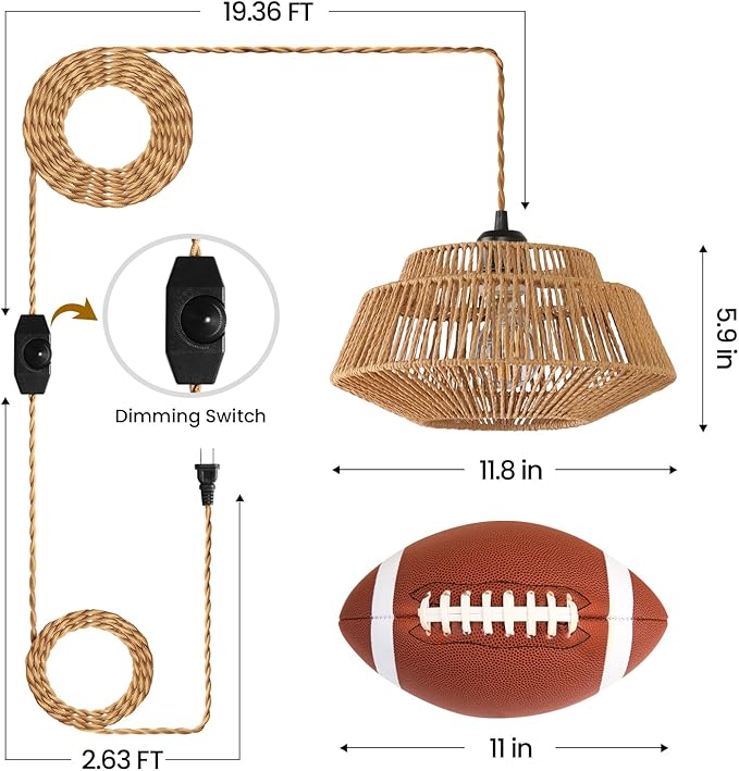 Hanging Lamp Plug in Pendant Light - Boho Hanging Light 11.8 inch Rattan Pendant Lights for Ceiling Dimmable Hanging Lamps for Living Room Bedroom Kitchen Farmhouse with 23ft Cord