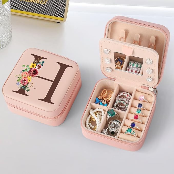Parima Jewelry Boxes for Women Girls - Small Travel Case Box with Mirror Organizer Holder Vacation Accessories Essentials Gifts Initial H ''Pink