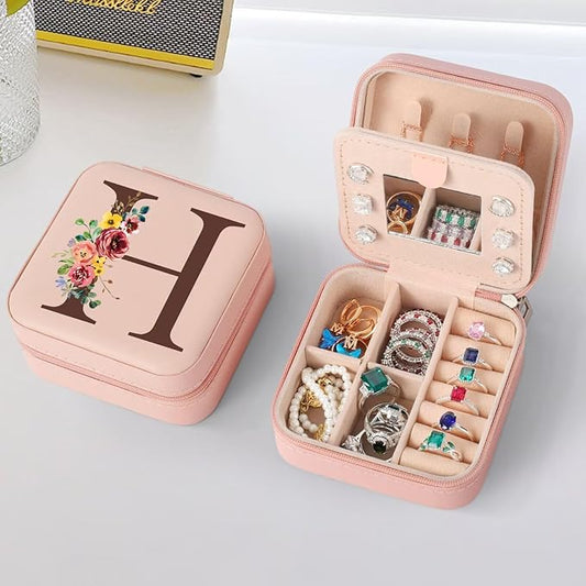 Parima Jewelry Boxes for Women Girls - Small Travel Case Box with Mirror Organizer Holder Vacation Accessories Essentials Gifts Initial H ''Pink