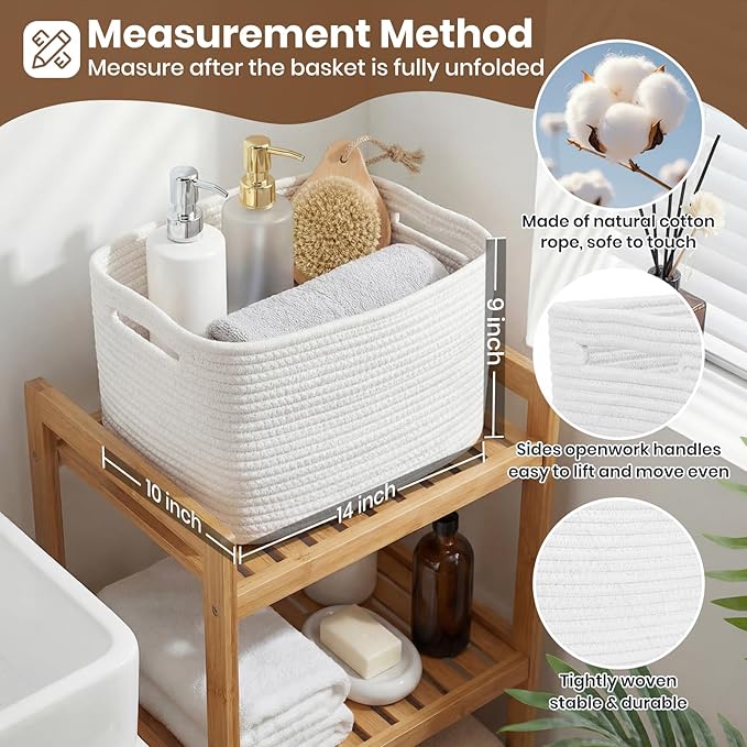 Storage Baskets for Organizing, 14 x 10 x 9” Closet Shelf Woven Baskets, Square Bins with Handles, Cotton Rope Basket for Toys, Clothes, Office, Room, White 3 Pack