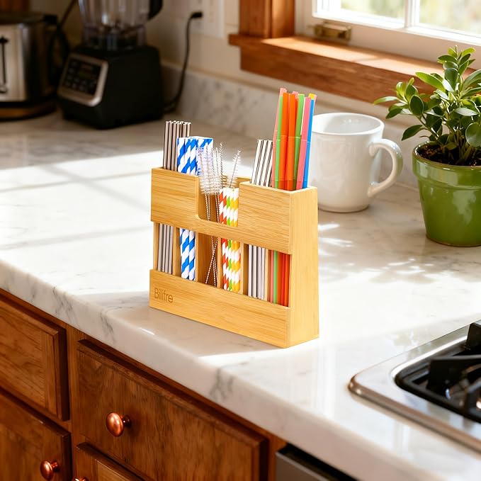 Extra-Large Bamboo Straw Holder Organizer – 6 Compartments for Long & Short Straws | Magnetic & Adhesive Mount for Cabinet, Fridge, or Counter | Durable Trapezoid Design for Kitchen