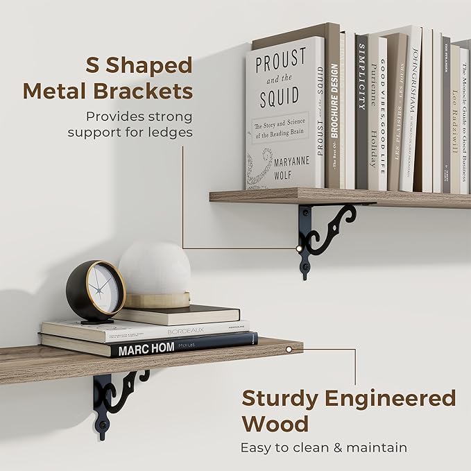 RICHFOCUS Floating Shelves for Wall Decor, 35.4W x 8D Wall Shelves Set of 2, 8 Inch Deep Rustic Wood Shelves Wall Mounted with Brackets, Long Floating Shelves for Living Room Bedroom Kitchen, Grey