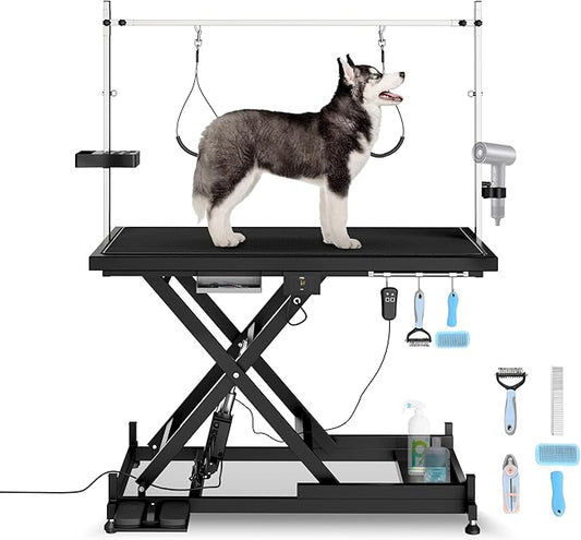 50" Electric Dog Grooming Table 9"- 37" Height Adjustable Heavy Duty Professional Lift Dog Grooming Table for Large Dogs with 2 Nooses, 4in1 Comb & Nail Care Set, Blow Dryer Clip Black
