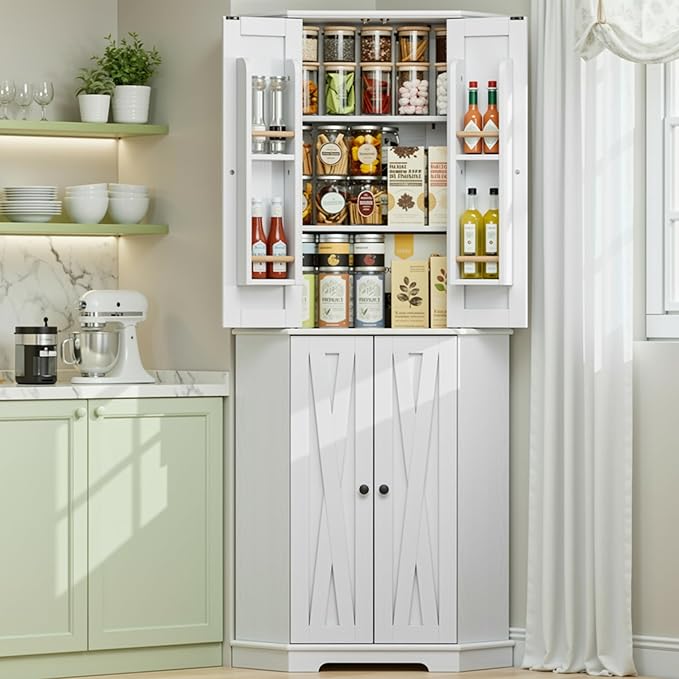 IRONCK Corner Cabinet, 72" H Kitchen Pantry Storage Cabinet, 4 Barn Doors with Storage Rack, 4 Adjustable Shelves, 6-Tier Tall Food Pantry Cabinet, Farmhouse Hutch for Kitchen Dining Room, White