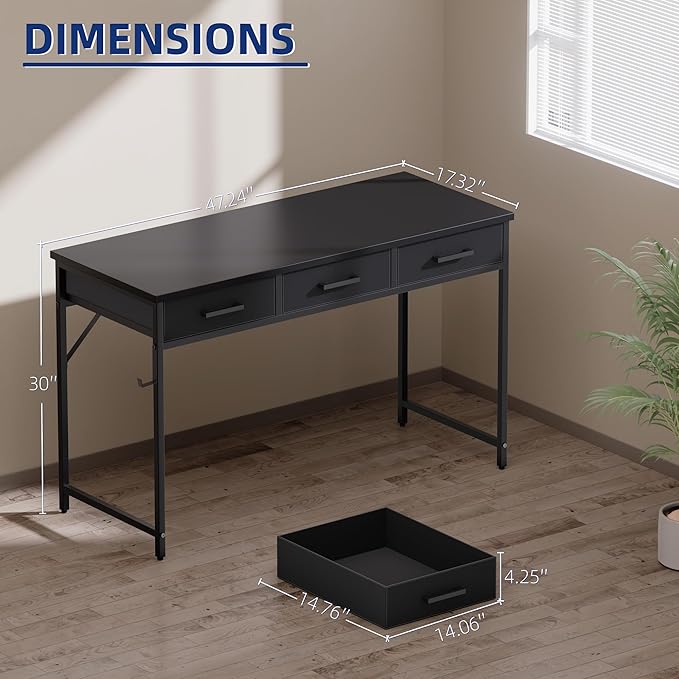 Pamray 47 Inch Small Computer Desk with 3 Drawers for Bedroom Study Writing Home Office Table for Small Spaces Orange