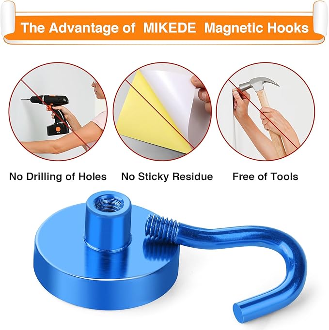 MIKEDE Magnetic Hooks, 30Lbs Neodymium Magnets with Hooks Heavy Duty for Refrigerator, 10Pcs Strong Cruise Hooks for Hanging, Magnetic Hanger for Grill, Toolbox, Storage - Blue