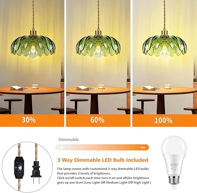 Plug in Pendant Light Hanging Lights with Plug in Cord Boho Hanging Lamp Glass Gold Mid Century Modern Vintage Dimmable Green Flower Plug in Chandelier Ceiling Fixture for Living Room,Kitchen