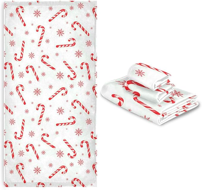 Christmas Winter Towels Set of 3 Red Candy Cane Snowflakes Bathroom Towel Soft Absorbent Bath Hand Towels Washcloth Guest Towel Sets Xmas Holiday Decor