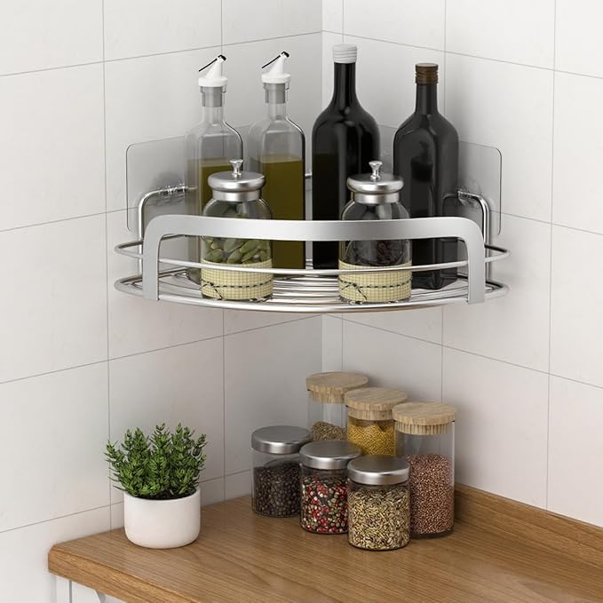 STEUGO 2 Pack Shower Caddy Corner, Bathroom Corner Shower Shelfs, Adhesive Wall Mounted Shower Caddy with 4 Movable Hooks, No Drilling Shower Shelf, Stainless Steel Silver.