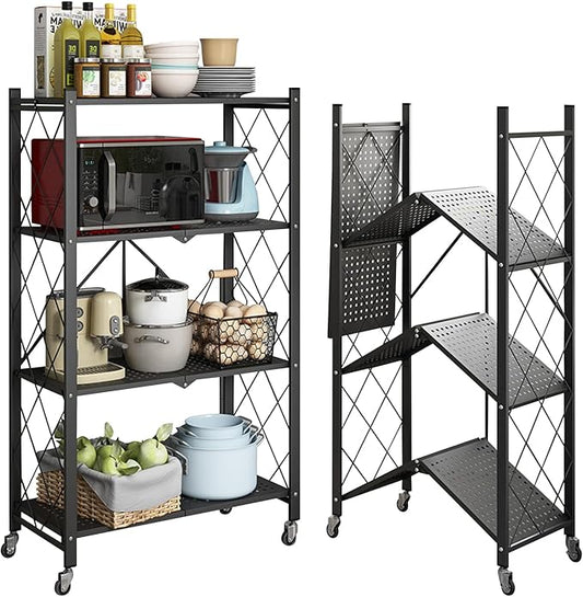 Folding Shelf Foldable Shelves with Wheels - Folding Shelves No Assembly , Collapsible Shelf Unit Display, Kitchen Organizers and Storage, Pop Up Heavy Duty Rack , 4-Tier Black 28"D x 14"W x 49"H