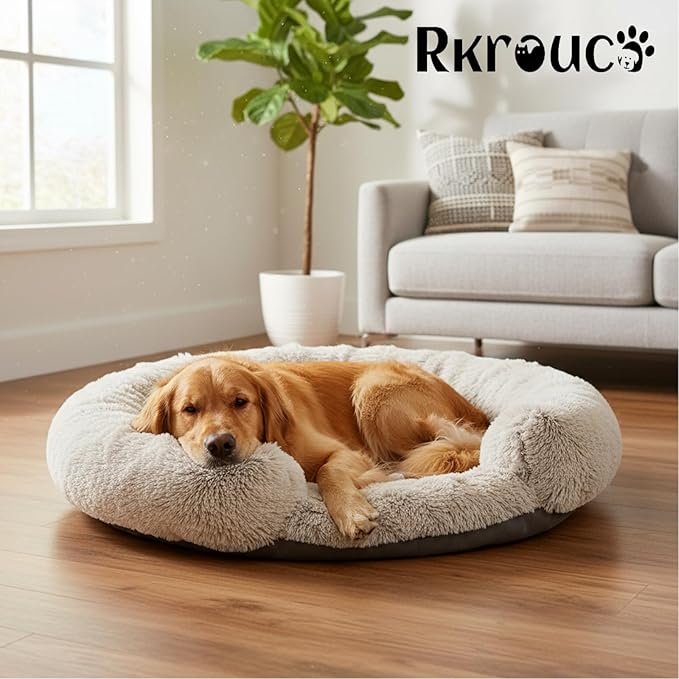 Fluffy Dog Bed Calming Donut Beds for Large Dogs Warming Round Small Medium Pet Nest Cozy Cat Mattress Indoor Washable Puppy Kennel Kittens Sleep Mat (L, 35.4×35.4 inch, Gradient Coffee)