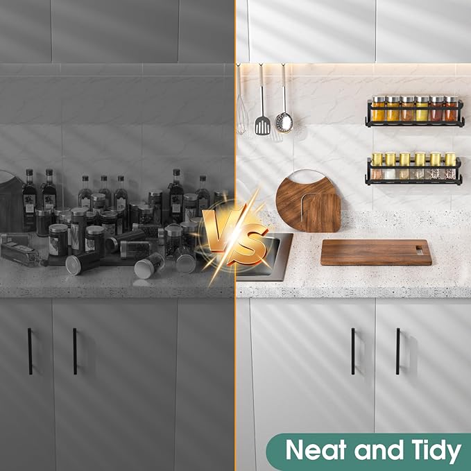 LUCYCAZ 2 Pack Wall Mounted Spice Rack with 16 Hooks, Spice Organizer Shelf for Stove Cabinet Pantry Door,Screw or Adhesive Spice Shelf Hanging Wall Spice Rack in Kitchen and RV (Black, 2 PACK)