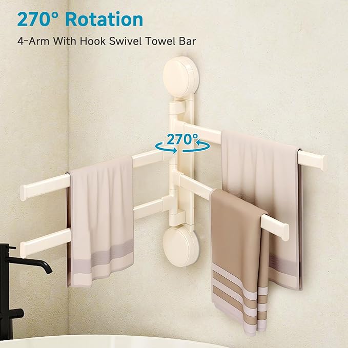 Suction Cup Towel Rack,Space Saving Wall Mounted Swivel Towel Holder, SUS304 Stainless Steel 4-Arm No Drilling Towel Bar for Bathroom, Kitchen-White