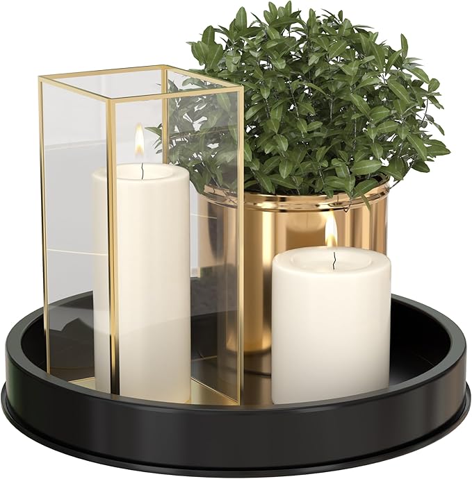HGF Decorative Tray for Coffee Table,10 Inch Lightweight Metal Round Trays for Kitchen Sink Countertop Organizer Dining Table Centerpiece for Display Candle Vase, Black Round Tray for Bathroom Decor