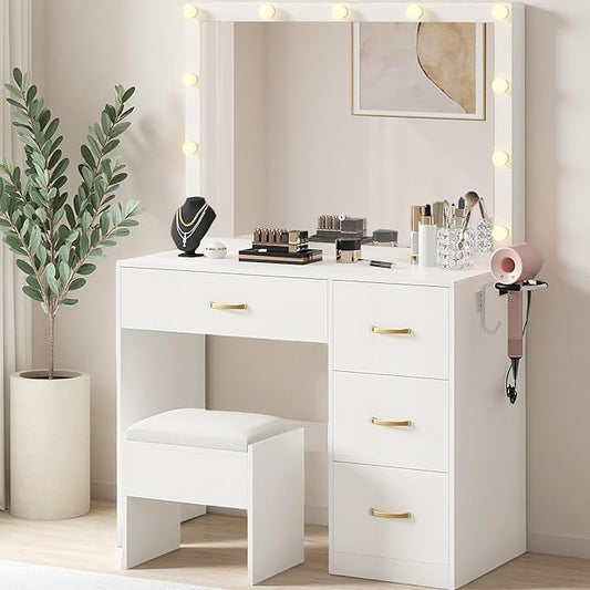 DWVO Makeup Vanity Desk with LED Mirror & 3 Brightness Levels, Makeup Table with 4 Drawers, Power Outlets, Hairdryer Holder & Cushion Stool for Dressing Room