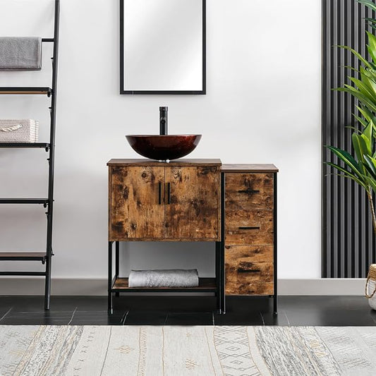 eclife 36" Bathroom Vanity Sink Combo Modern Metal Stand Cabinet W/Bottom Shelf & Storage Side Cabinet Brown Round Vessel Sink & Water Save Faucet & Pop Up Drain, Rustic Brown (A09)