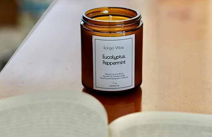 Eucalyptus, Peppermint Coconut Wax Candle Non Toxic Aromatherapy Candle with Essential & Prime Rated Natural Fragrance Oils, Clean Burning Amber Jar Candle, 7 oz Small Batched