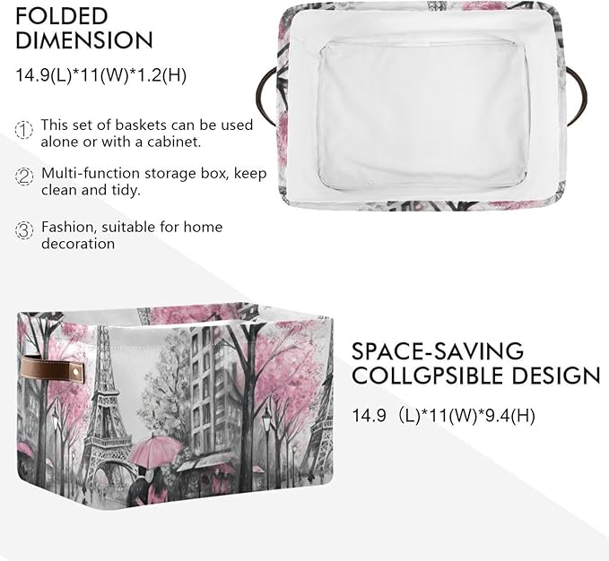 Storage Basket Pink Paris Tower Storage Bin Cube with Handles Foldable Storage Baskets for Shelves Living Room Home Decor 1PC