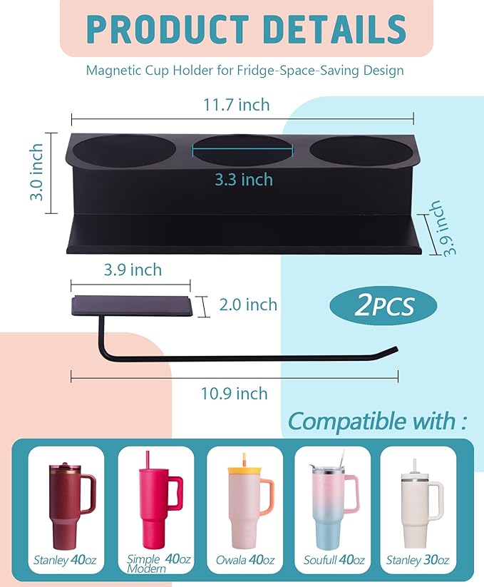 Magnetic Cup Holder for Stanley, Water Bottle Organizer for Kitchen Fridge Cabinet, Compatible with Stanley 30oz & 40oz Tumblers, Magnetic Cup Rack (Black, 6 Tumblers& 2 Lid Holder)