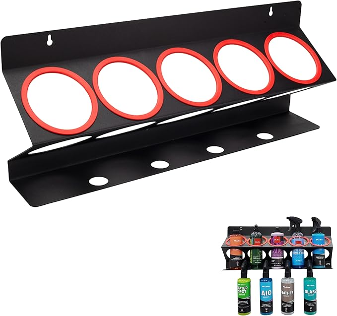 Universal Detailing Spray Bottle Holder (No Logo) – Mobile Detailing & Car Garage Organizer, Holds 5 Bottles (16/32oz) with 4 Small Holes – Lightweight Design, Easy Wall Mounting