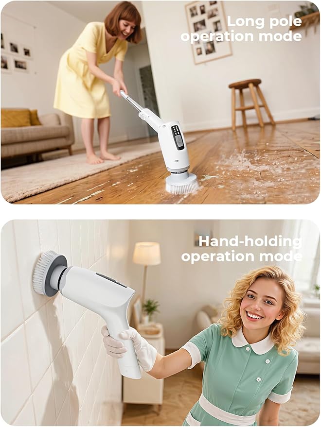Electric Spin Scrubber, Cordless Cleaning Brush Shower Scrubber with 9 Replaceable Brush Heads 3 Speeds Extension Handle for Bathroom, Shower, Bathtub, Floor, Tile, Kitchen, Pool (1, White)