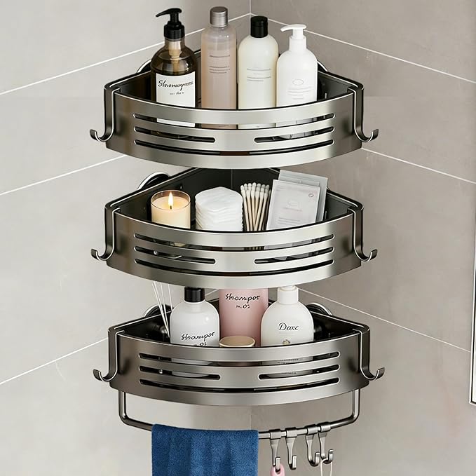 3Pcs Corner Shower Shelf Caddy Suction Cup, No Drill Hole with Towel Bar and Hook, Gray Bathroom Storage Rack, Zero Drill Triangle Shelves, Store Toiletries and Bath Towel for Bathroom Kitchen RV