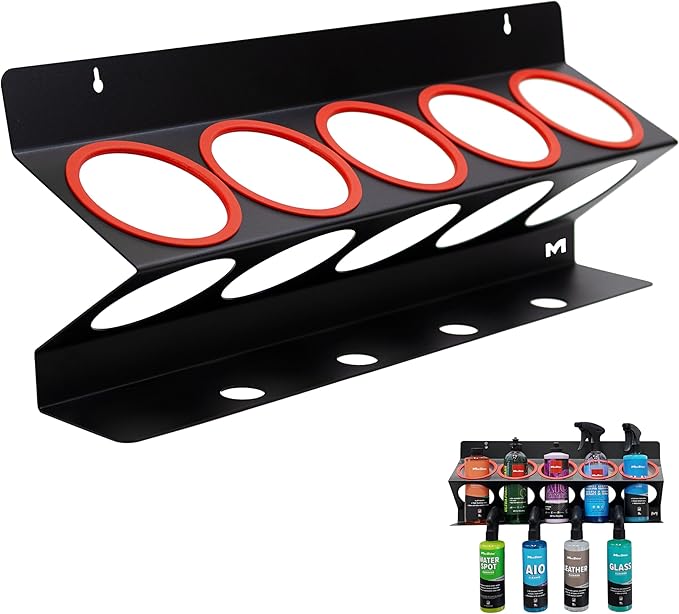 Universal Detailing Spray Bottle Holder – Mobile Detailing & Car Garage Organizer, Holds 5 Bottles (16/32oz) with 4 Small Holes – Lightweight Design, Easy Wall Mounting