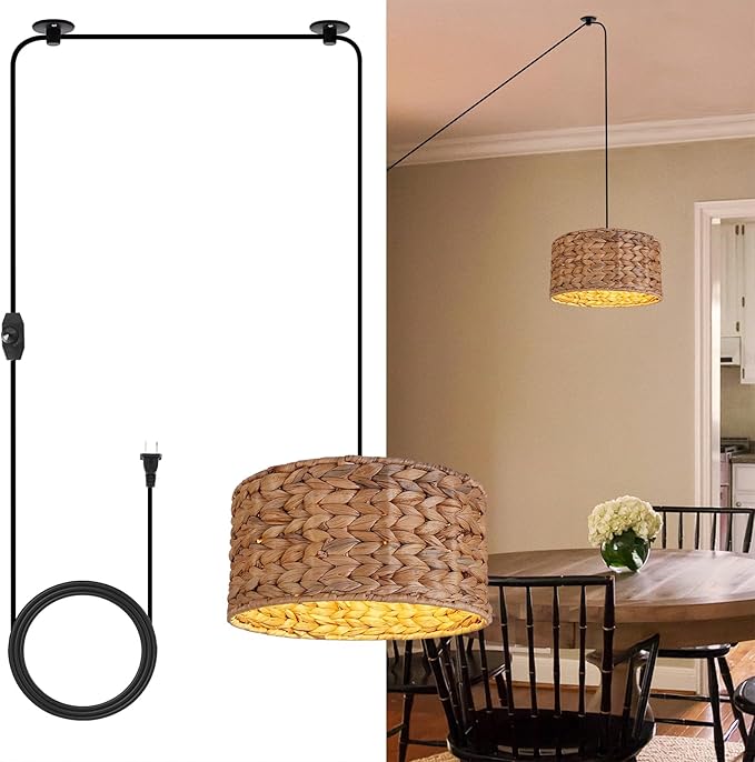 HuisMier Rattan Plug in Pendant Light with 15 Ft Plug in Cord, Wicker Woven Lampshade Hanging Lamp with Dimmable Switch, Plug in Boho Hangiing Light Fixture for Kitchen Island Bedroom Dinning Room