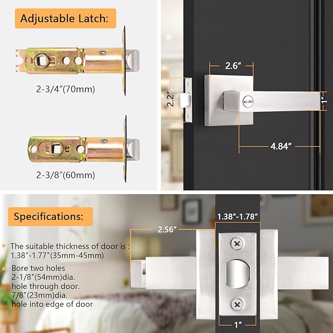 Probrico Interior Brushed Nickel Door Handle, Heavy Duty, Flat Square Privacy Door Handles, Keyless Door Levers Lockset for Bedroom and Bathroom (15 Pack, Modern)