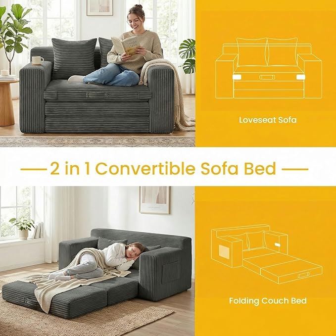 Boneless Loveseat Sleeper Sofa Bed: 3-in-1 Convertible Sofa Bed with Side Pockets & Handle,Pull Out Couch with 2 Pillows,Folding Futon for Small Space,Living Room & Bedroom,Corduroy Fabric,No Assembly