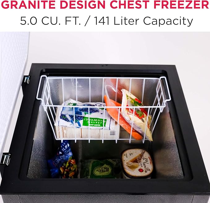 Frigidaire Chest Deep Freezer, 5 Cu. Ft. Capacity, Granita Rugged Design-Adjustable Thermostat-Removable Vinyl Coated Wire Basket-Easy Defrost Drain