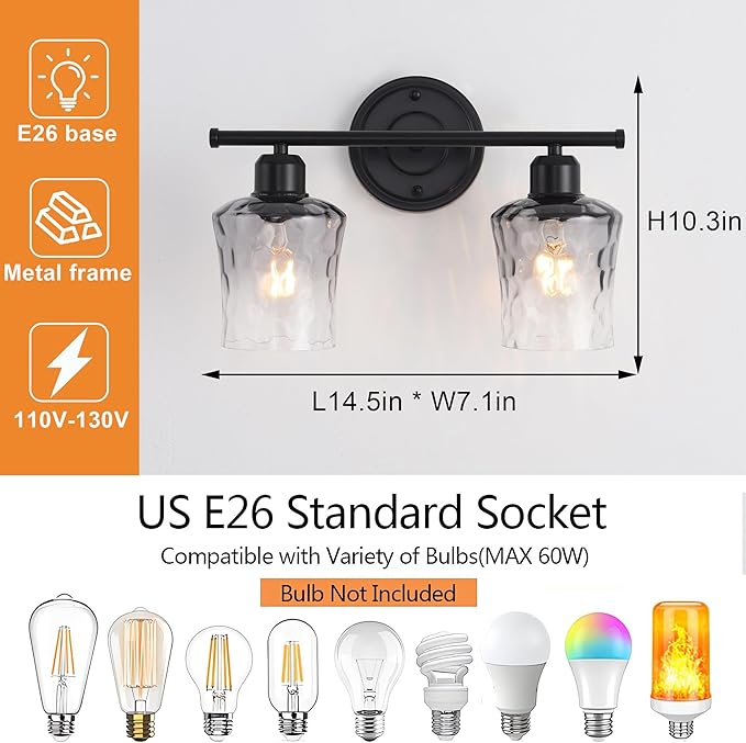Modern 2-Light Bathroom Vanity Light Fixtures, Black Bathroom Lights Over Mirror with Grey Glass Shade, E26 Glass Wall Sconce for Kitchen, Bedroom, Hallway, Living Room