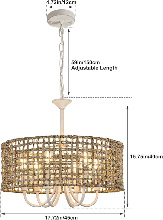 White Rattan Chandelier for Dining Room, 6-Light Boho Chandelier Light Fixture Hand-Woven Bohemian Coastal Hanging Pendant Lighting for Kitchen Living Room Foyer Entryway
