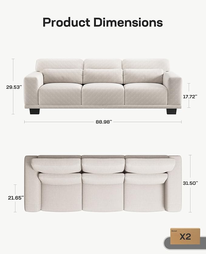 Marsail 89" Couch, 3-Seater Modern Sofa with Deep Seats, Comfy Upholstered Linen Sofas for Living Room, Apartment, Cream White