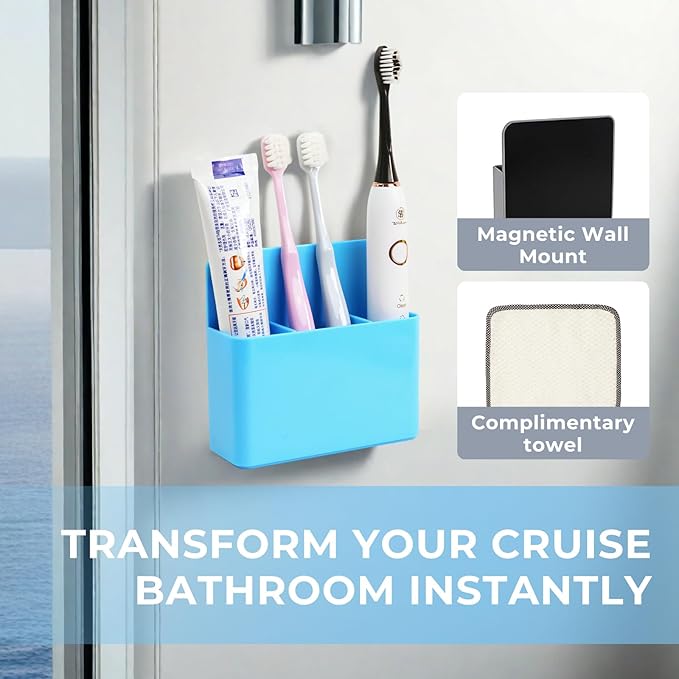 Magnetic Toothbrush Holder for Cruise Ship Cabin – Wall-Mounted Cruise Bathroom Organizer with 2 Removable Dividers & Towel, Cruise Essentials 2025 & Cruise Must Haves for Alaska & Caribbean Cruises