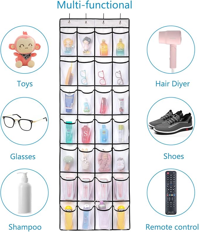REGELETO 28 Large Pocket Over the Door Shoe Organzier, Hanging Shoe Rack for Door Large Capacity Shoe Organizer Holder with 4 Metal Hooks.